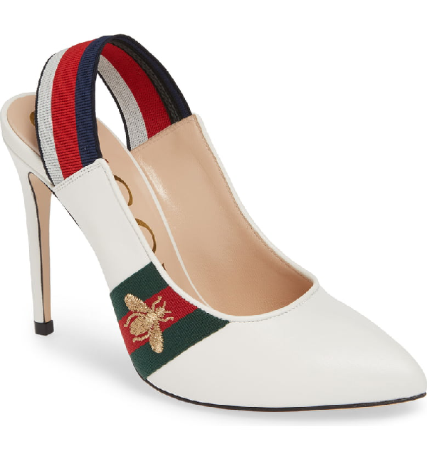 Gucci Sylvie Leather Slingback Pumps with Bee in White