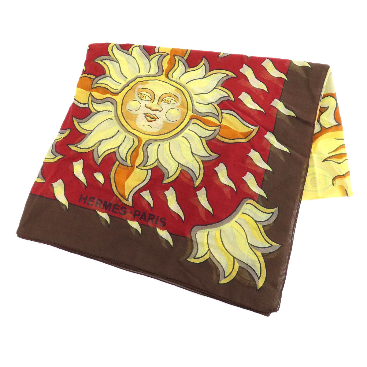 HERMES Stall cotton Brown Sun pattern large scarf Women Used