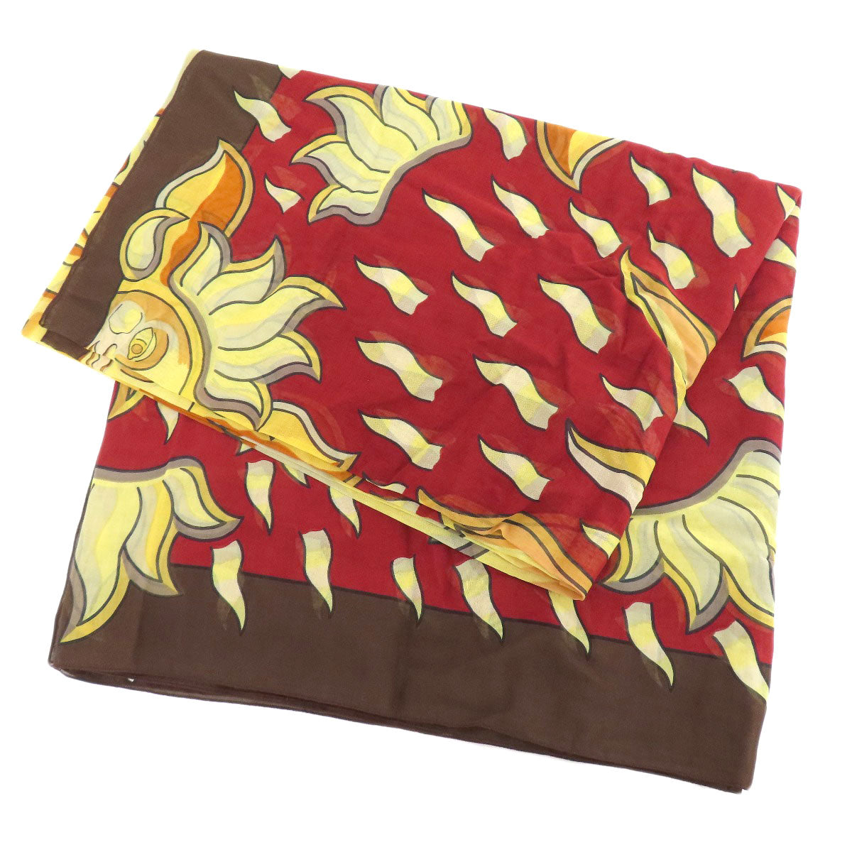 HERMES Stall cotton Brown Sun pattern large scarf Women Used