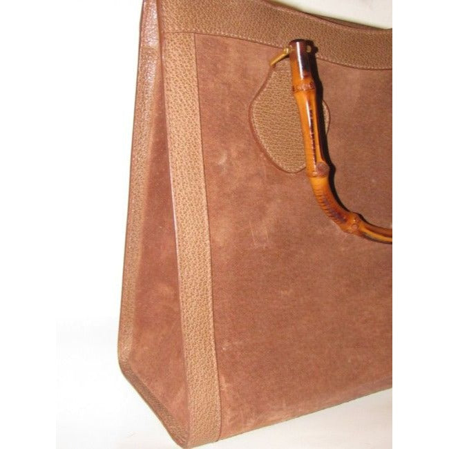 Gucci Shopper Tote Bag Tan Suedebamboo Handles And Leather With Satchel