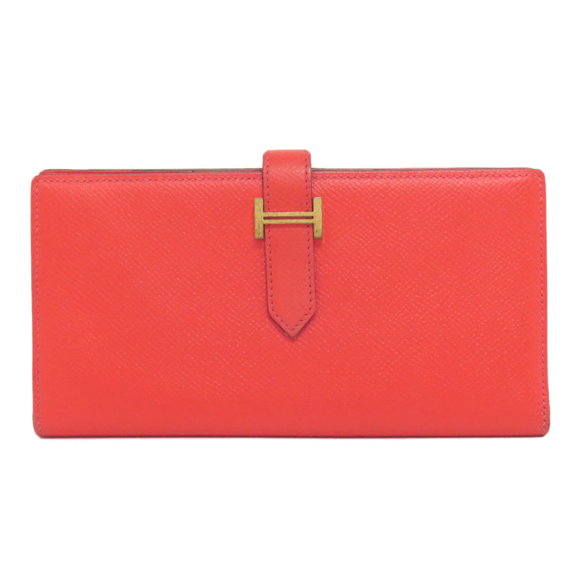 HERMES Long Wallet Purse Epsom Red Bearn Soufflet Gold Metal