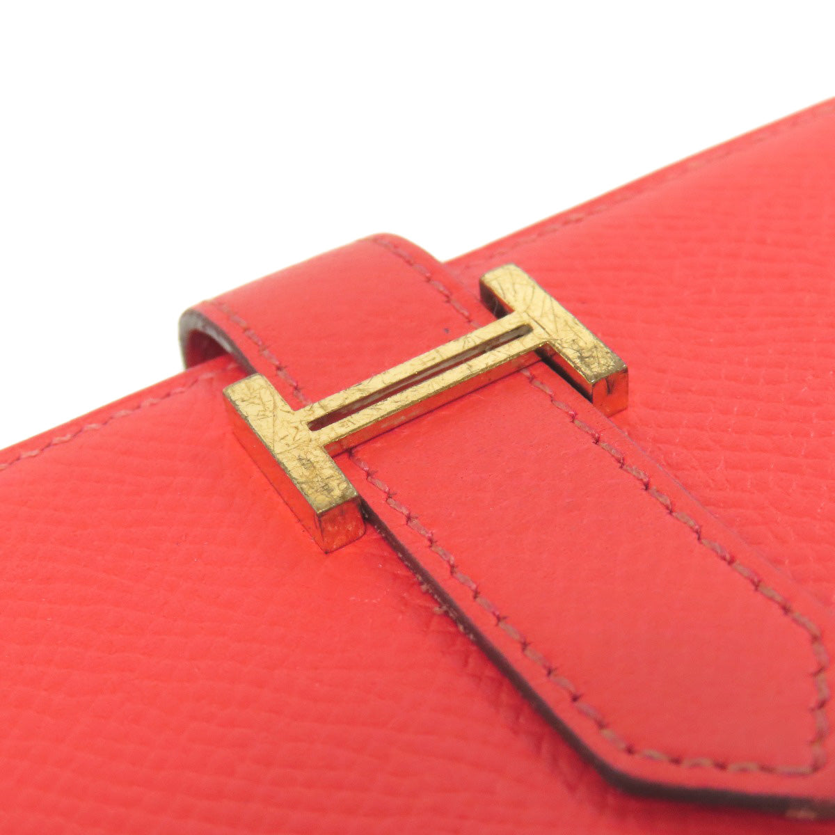 HERMES Long Wallet Purse Epsom Red Bearn Soufflet Gold Metal