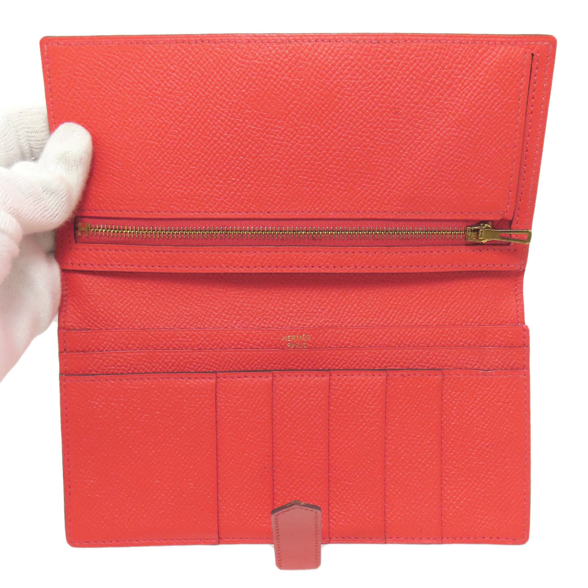 HERMES Long Wallet Purse Epsom Red Bearn Soufflet Gold Metal