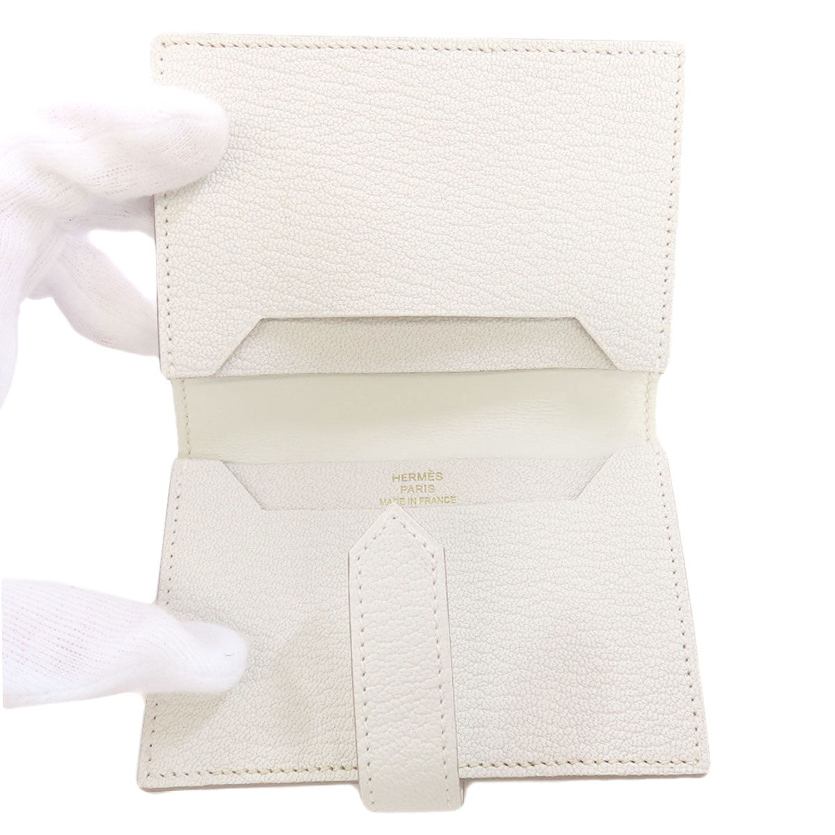 HERMES Card Case leather white Bearn Gold Metal