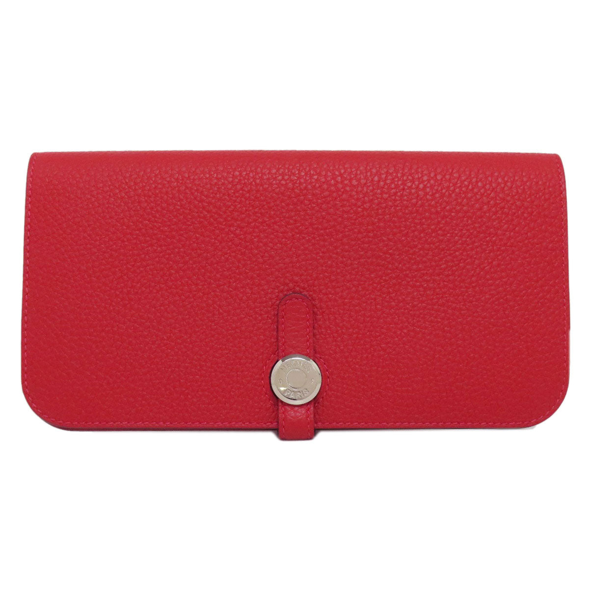 HERMES Long Wallet Purse Togo Red Dogon Long SilverMetal