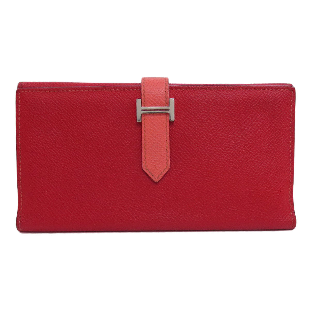 HERMES Long Wallet Purse Epsom Red Bearn 2PLIS SilverMetal