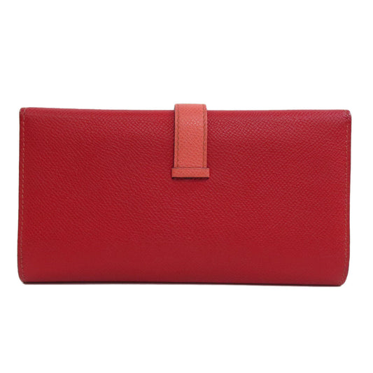 HERMES Long Wallet Purse Epsom Red Bearn 2PLIS SilverMetal