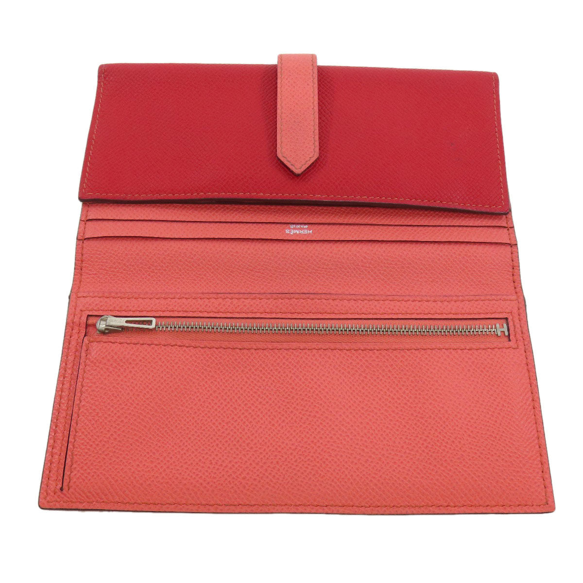 HERMES Long Wallet Purse Epsom Red Bearn 2PLIS SilverMetal