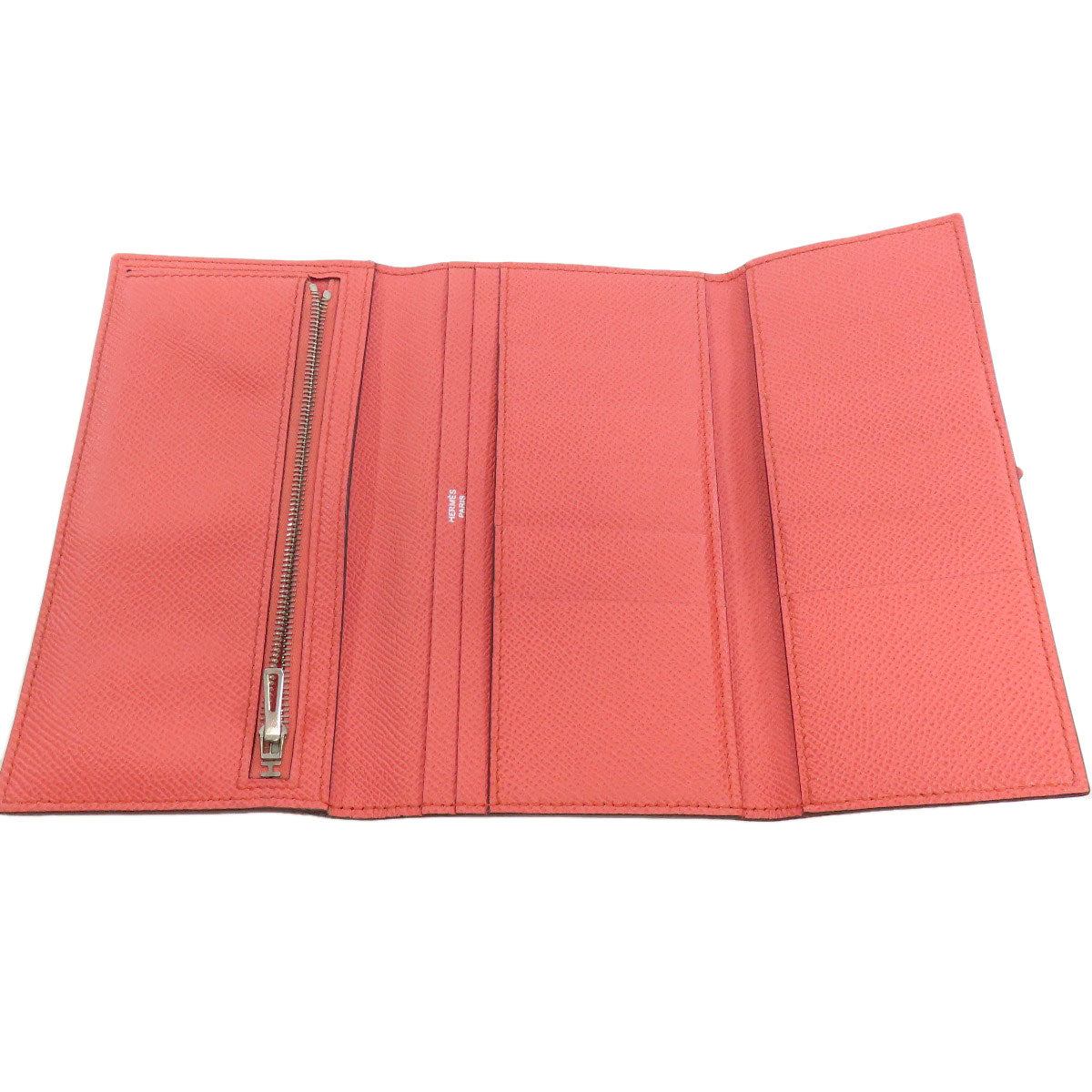 HERMES Long Wallet Purse Epsom Red Bearn 2PLIS SilverMetal