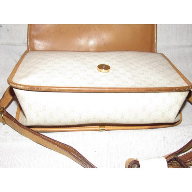 Gucci Vintage Beige With Camel Small G Logo And Red Green Stripe Leather Coated Canvas