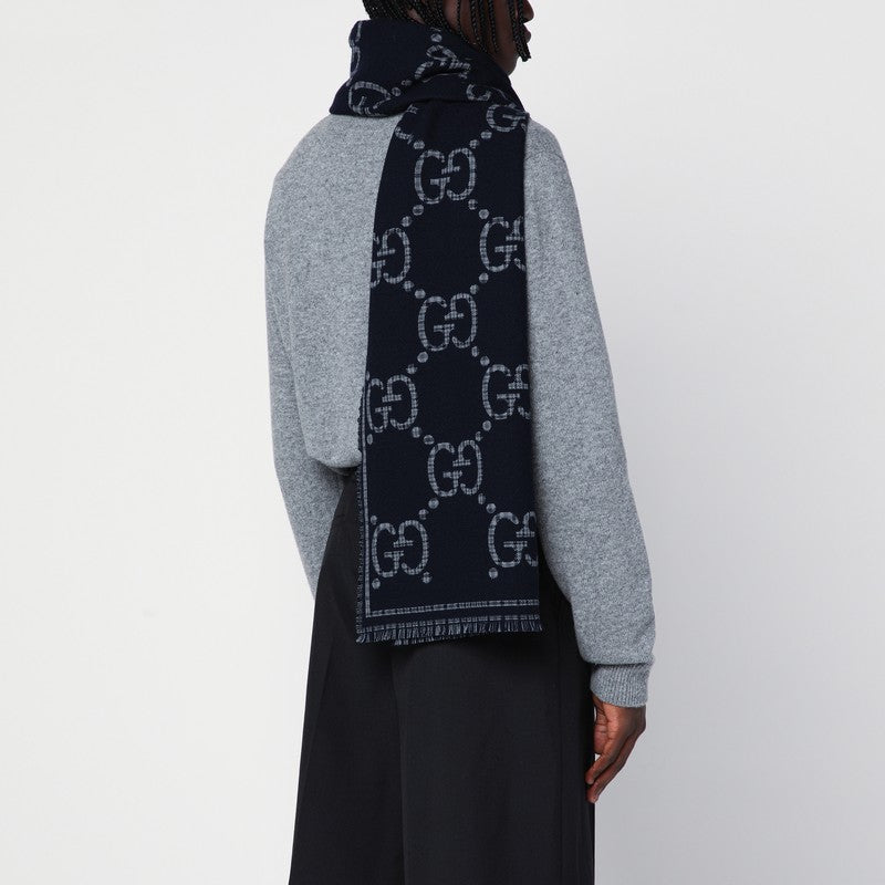 Gucci Grey/Blue Checked Gg Wool Scarf Men