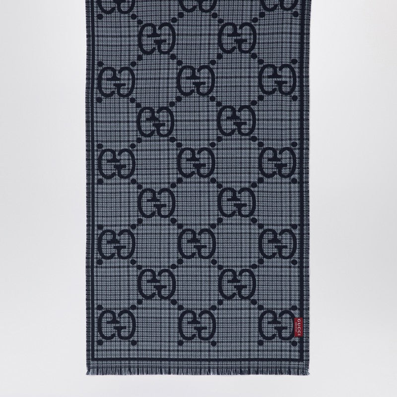 Gucci Grey/Blue Checked Gg Wool Scarf Men