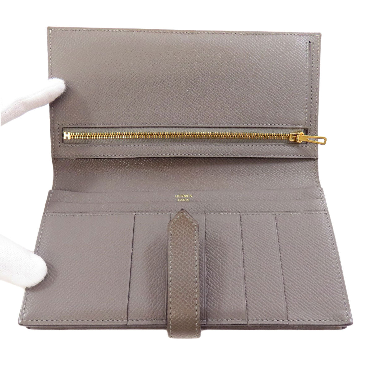HERMES Long Wallet Purse Epsom gray Bearn Soufflet Ethan Gold Metal