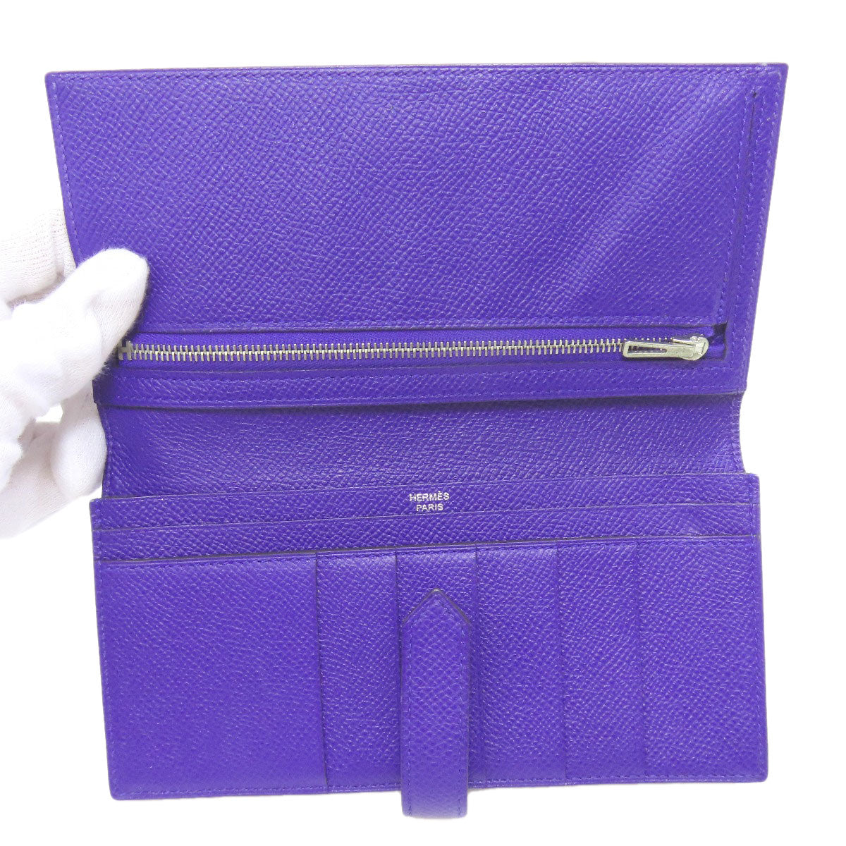 HERMES Long Wallet Purse Epsom purple Bearn Soufflet Blue Electric Silver Metal