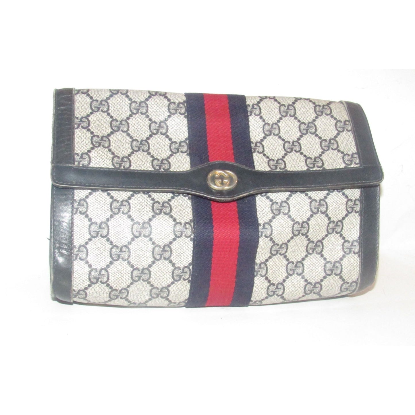 Gucci, navy Guccissima print coated canvas & leather, clutch or cosmetic bag with a red & blue Sherry striped center and envelope top
