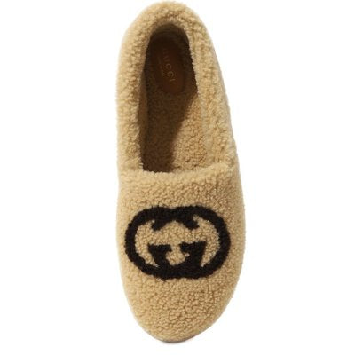 Gucci Interlocking GG Shearling Trim Loafers in Cream