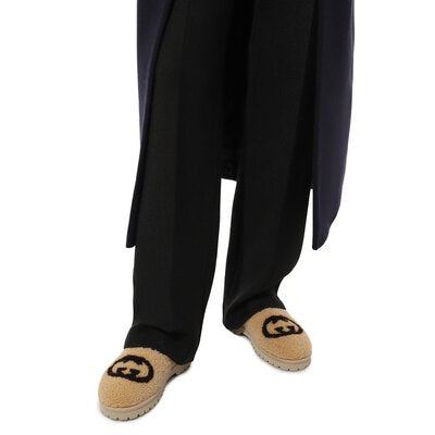 Gucci Interlocking GG Shearling Trim Loafers in Cream