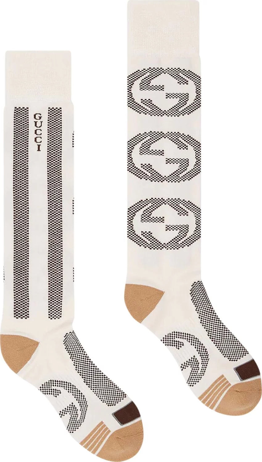 Gucci Interlocking GG Houndstooth Knee High Sock in Neutral Tones