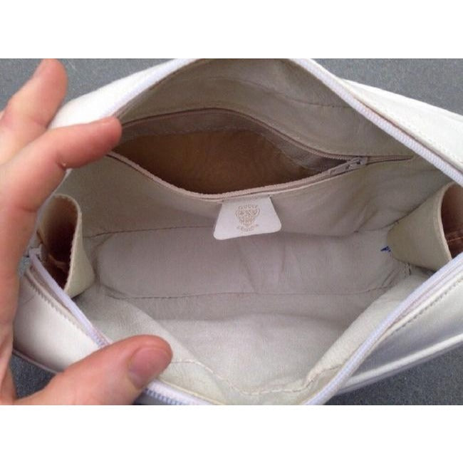 Gucci Vintage Pursesdesigner Purses White Canvas With Small G Logo And Leather Coated Shoulder Bag