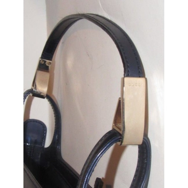Gucci Top Handle Bag Structured Navy Glossy Patent Leather And Satchel