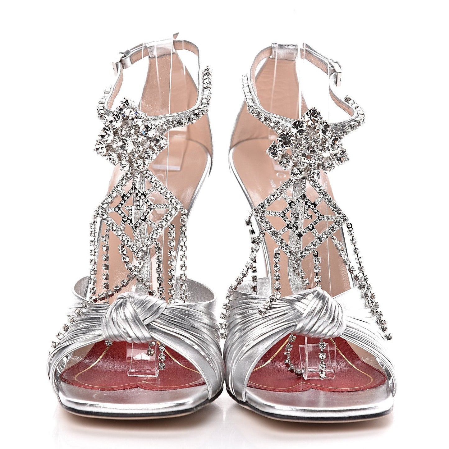 Gucci Napa Silk Crystal Crawford Strap Sandal in Silver
