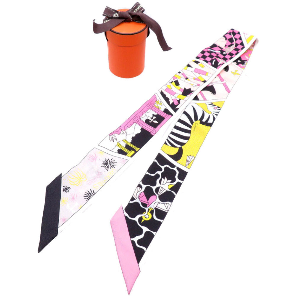 HERMES scarf silk black Twilly factory suit