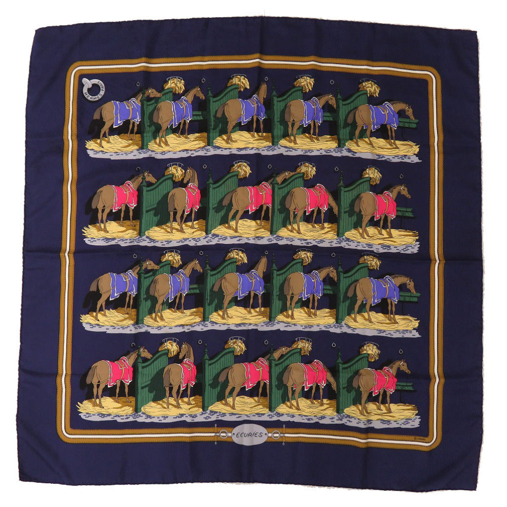 HERMES scarf silk Navy Carre90 ECURIES Stables Women Used