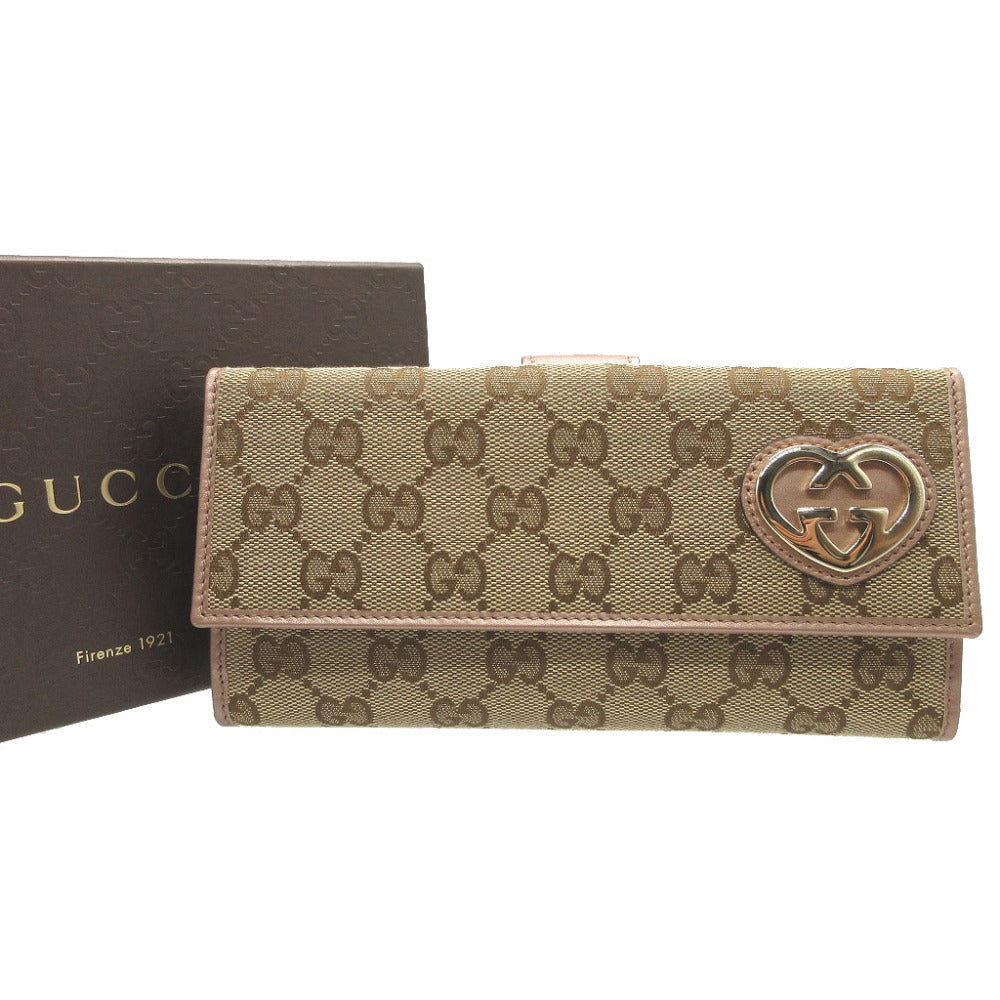 GUCCI Long Wallet Purse 245723 GG canvas, leather beige W Hook Wallet  Lovely heart Women Used