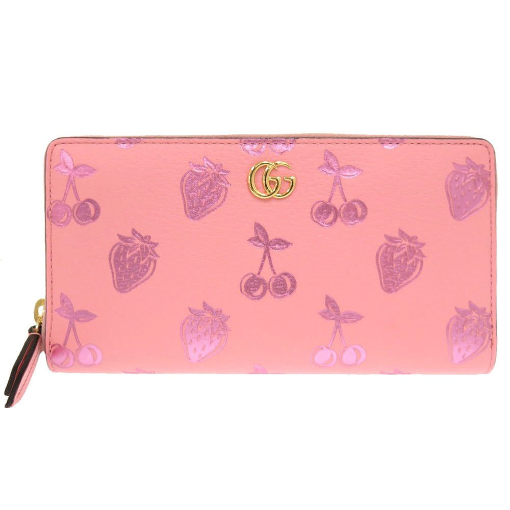 GUCCI Long Wallet Purse 456117 leather pink Cherry Strawberry GG Women Used