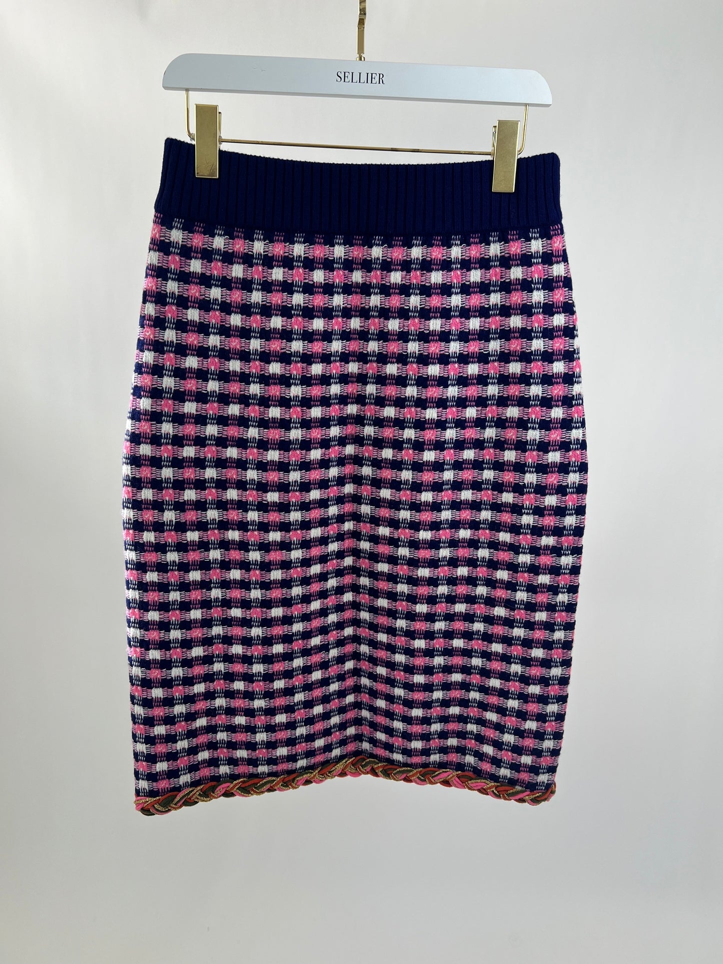 Gucci Pink, White and Purple Check Knitted Midi Skirt with Metallic Hem Size M (UK 10)