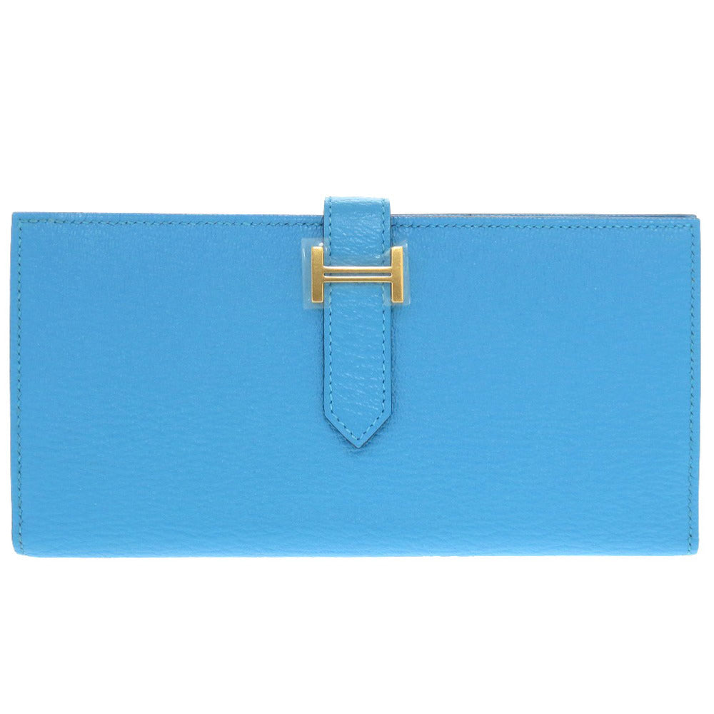 HERMES Long Wallet Purse Shave Blue Az Tech Beansufla Women Used