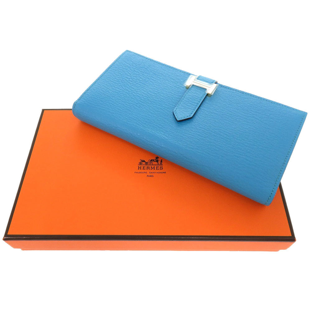 HERMES Long Wallet Purse Shave Blue Az Tech Beansufla Women Used