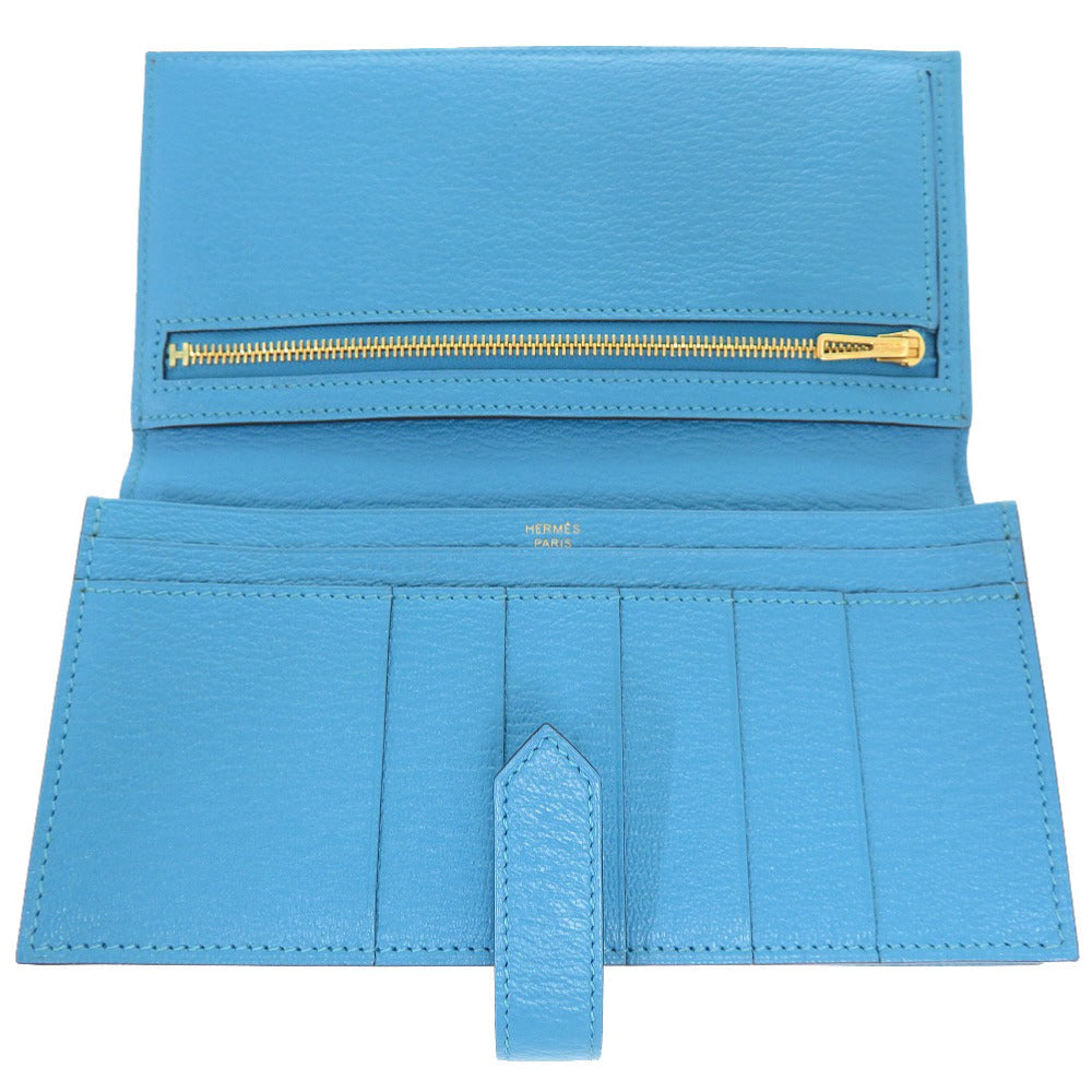HERMES Long Wallet Purse Shave Blue Az Tech Beansufla Women Used