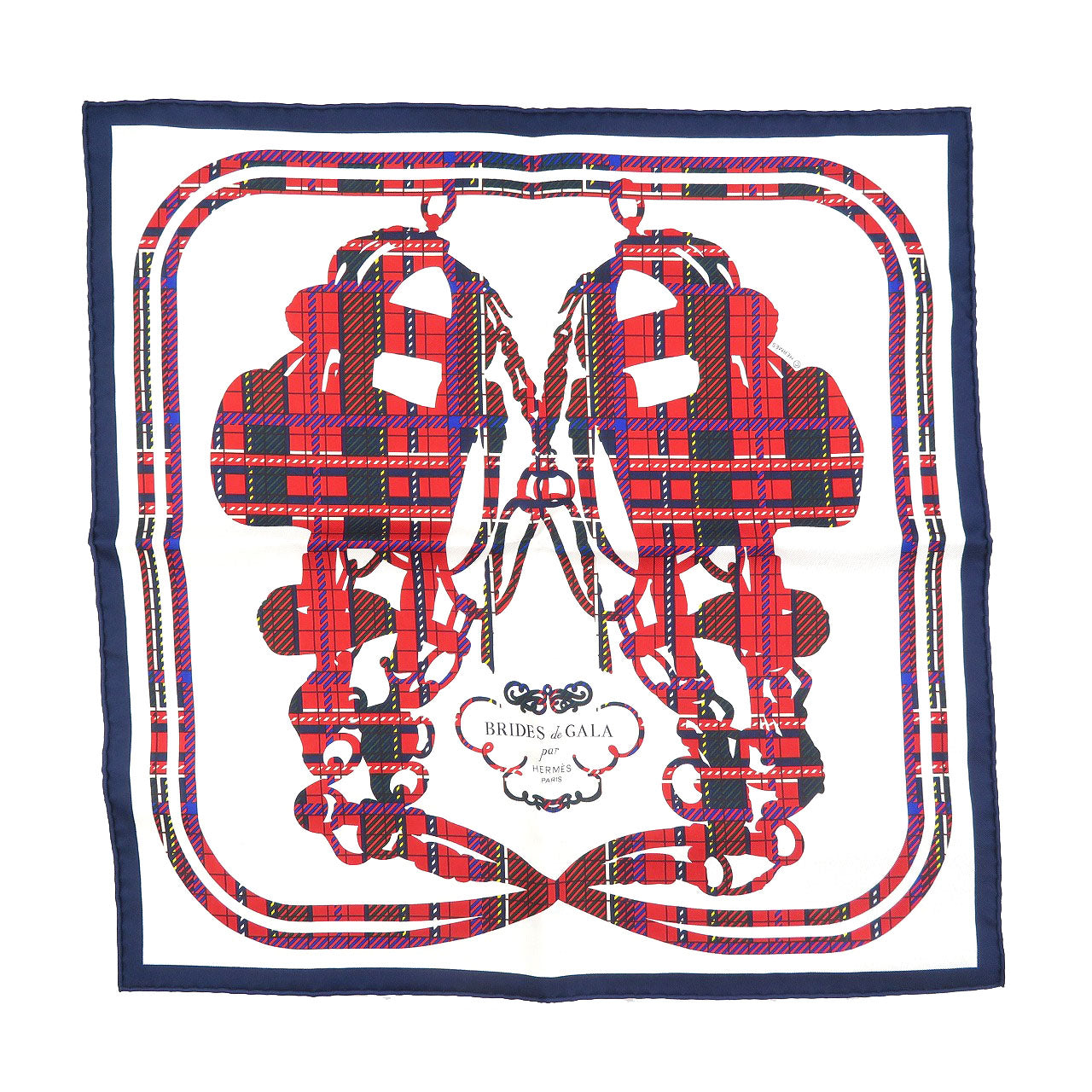 HERMES scarf silk white Carre45 Cavroche Brides de Gala Tartan