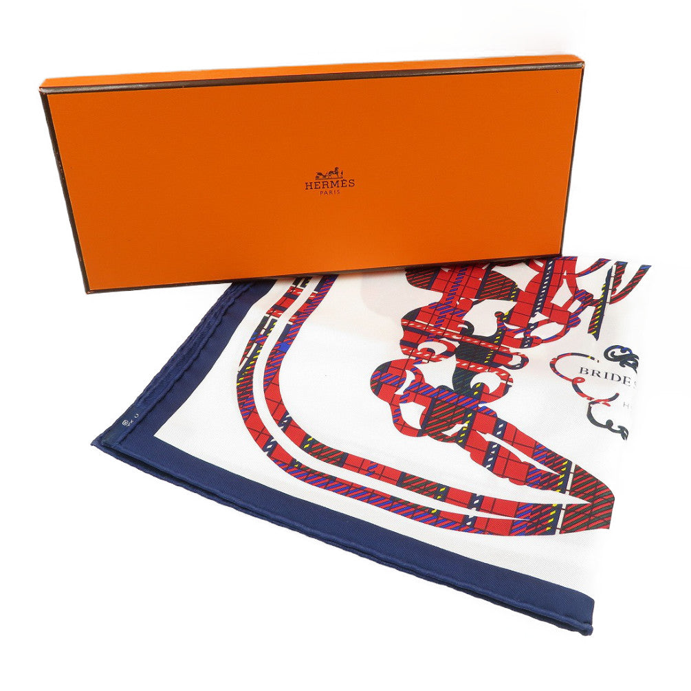 HERMES scarf silk white Carre45 Cavroche Brides de Gala Tartan