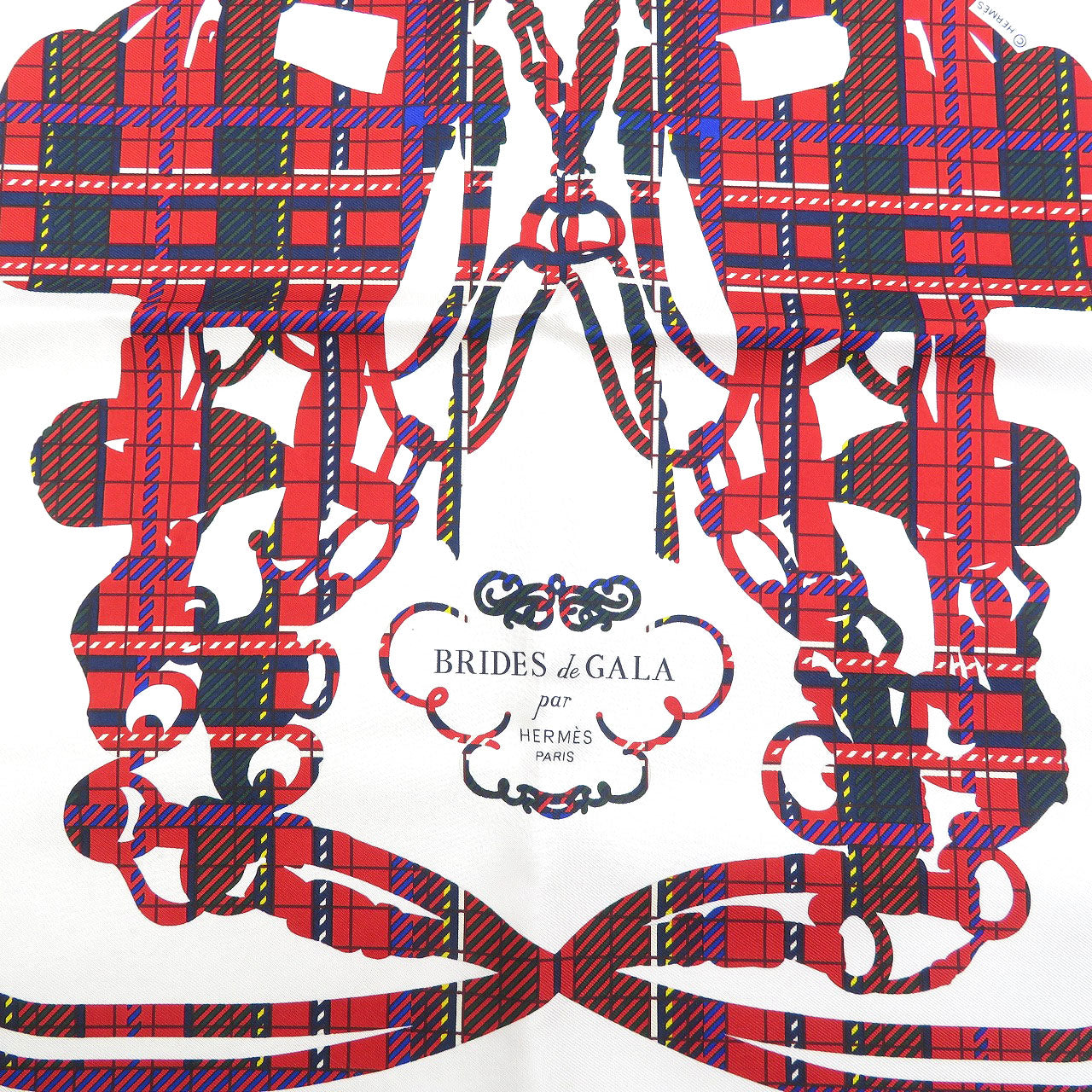 HERMES scarf silk white Carre45 Cavroche Brides de Gala Tartan