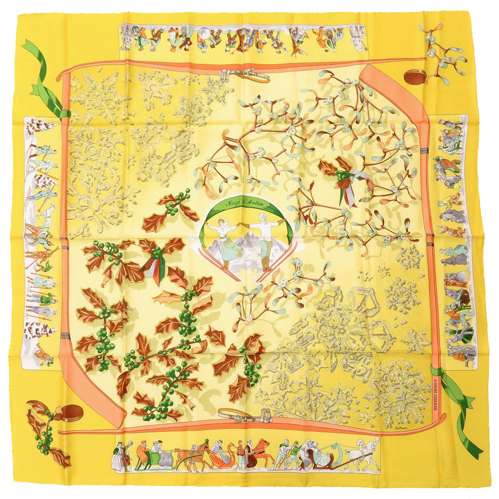 HERMES scarf silk yellow Carre90 Neige d'Antan Last year's snow Christmas