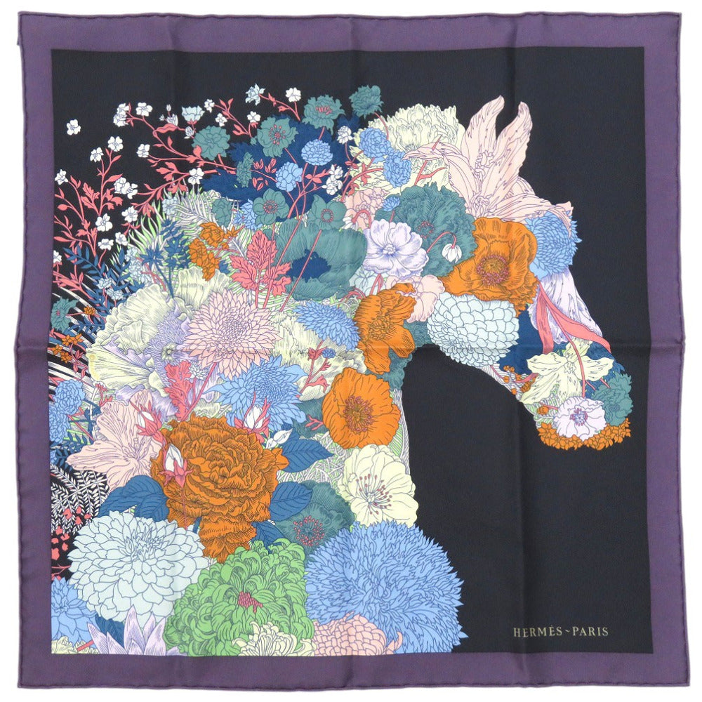 HERMES scarf silk multicolor Floral Horse Twill Scarf Carre45 Flower Horse Gavroche Robe Legere Detail Women Used