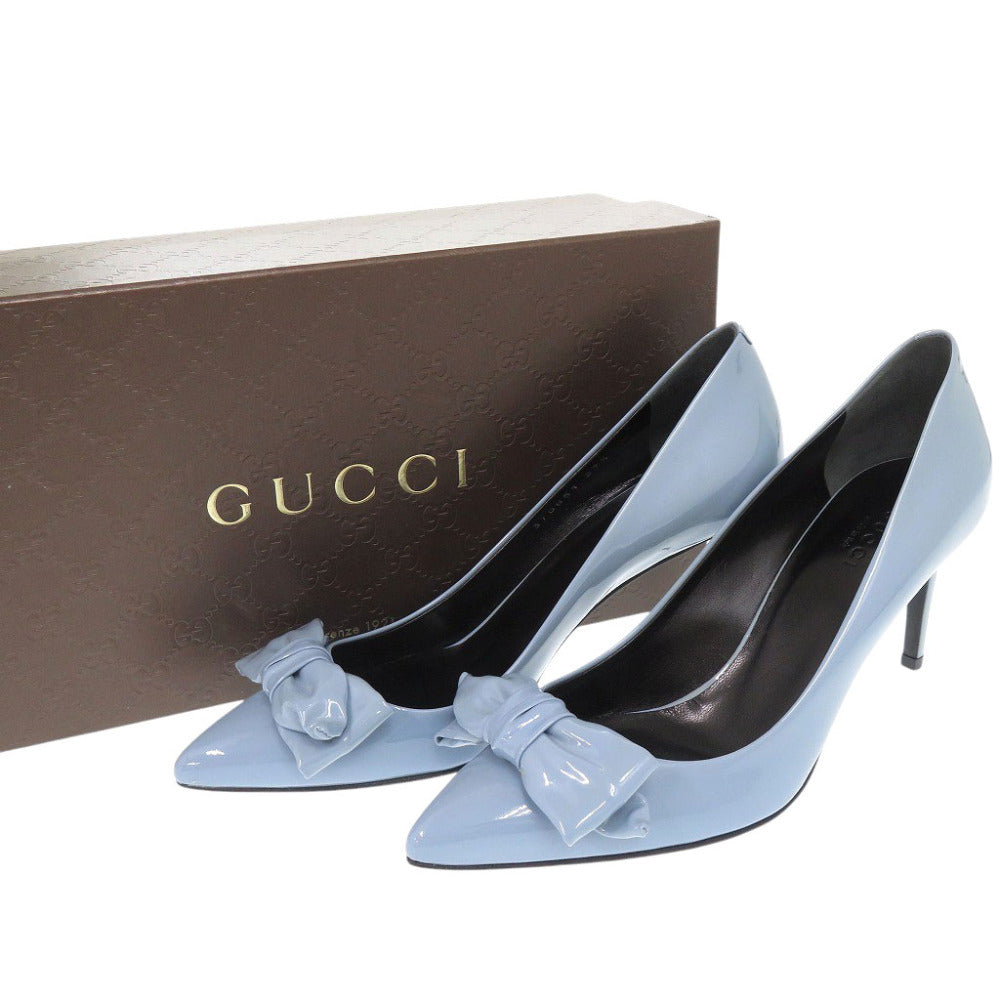 GUCCI pumps 370851 enamel blue Bow pointed toe 37 1/2