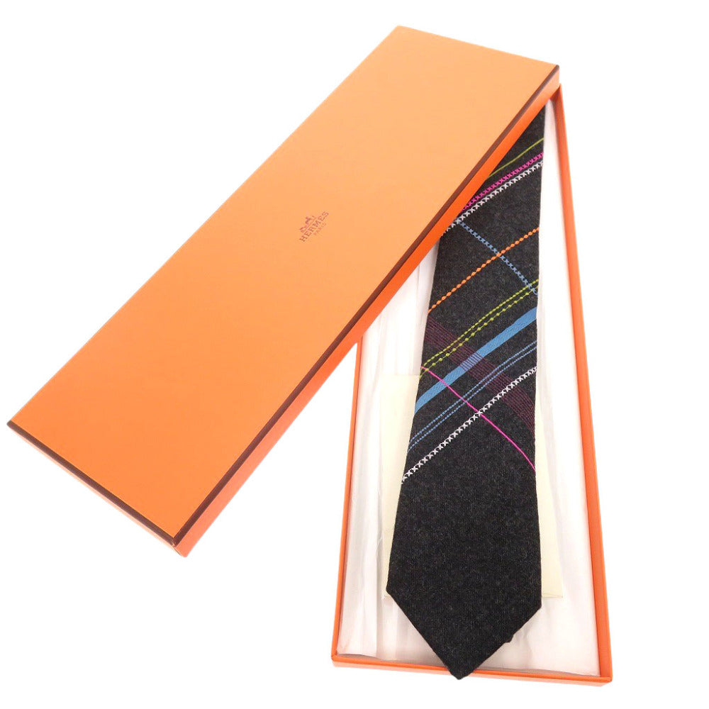 HERMES tie H154165T wool Anthracite Tie 2.8" Crazy Tartan