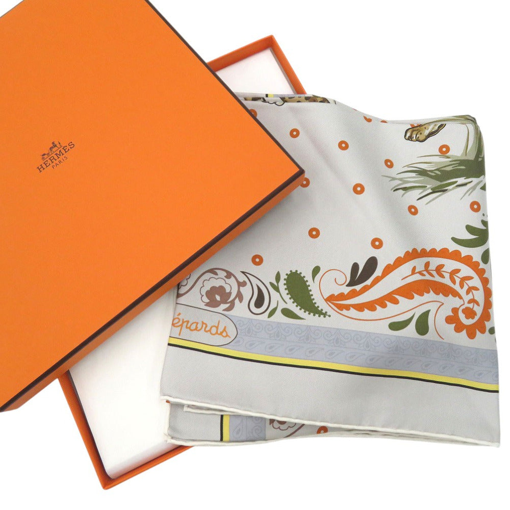 HERMES scarf silk GRIS Twill scarf cheetah Carre90 Double Face GUEPARDS BANDANA Women Used
