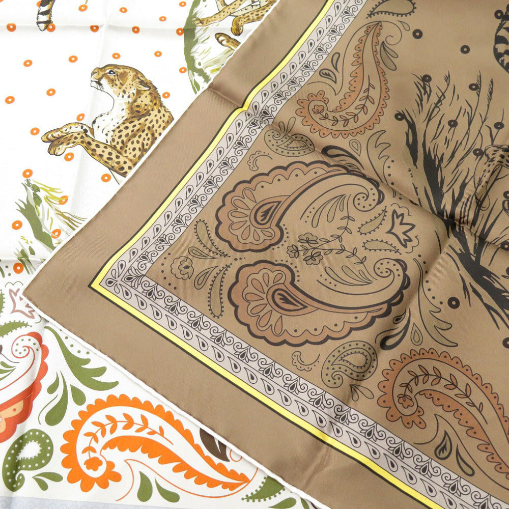 HERMES scarf silk GRIS Twill scarf cheetah Carre90 Double Face GUEPARDS BANDANA Women Used
