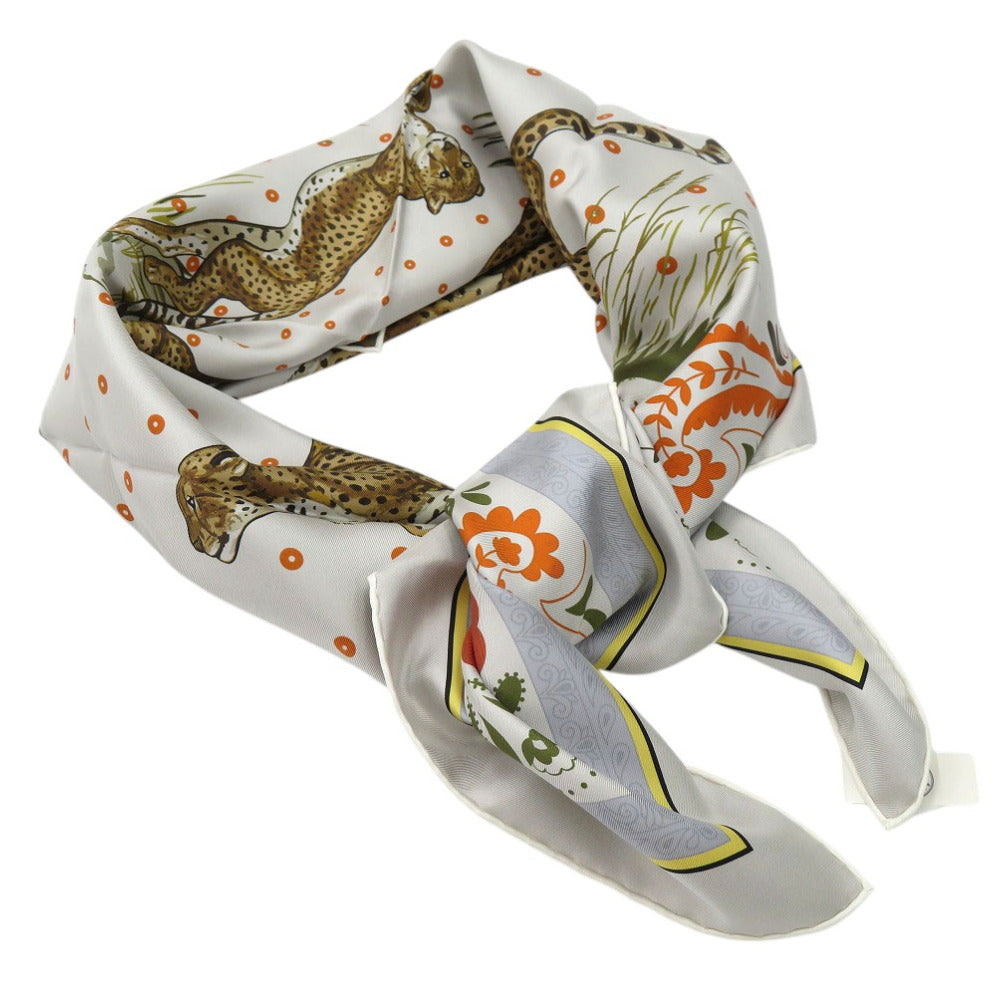 HERMES scarf silk GRIS Twill scarf cheetah Carre90 Double Face GUEPARDS BANDANA Women Used