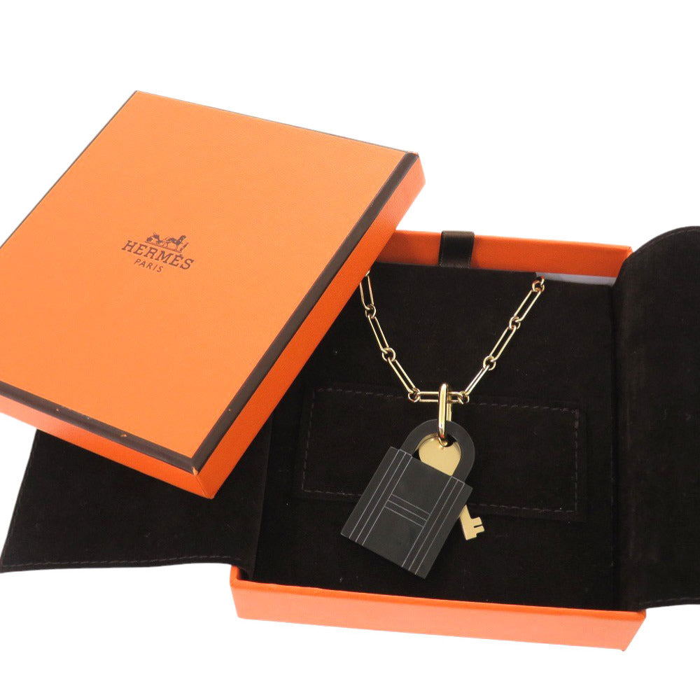 HERMES Necklace Buffalo horn black Cadena Amulet Padlock GM Women Used