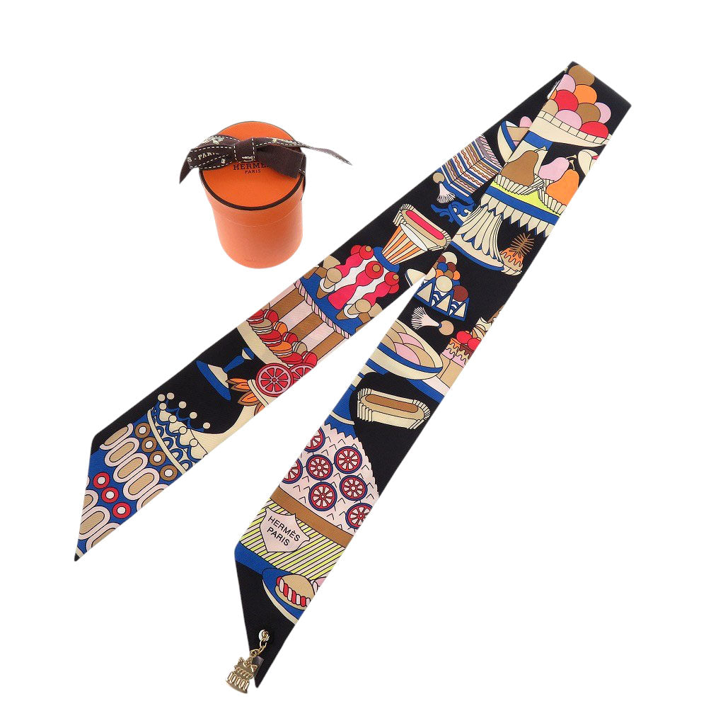 HERMES scarf 853336S silk black Twilly Charm Patisserie Française