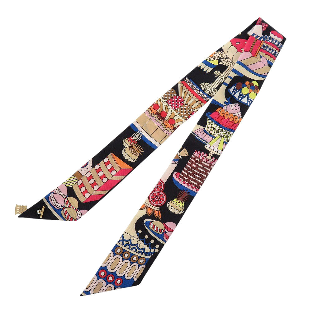 HERMES scarf 853336S silk black Twilly Charm Patisserie Française