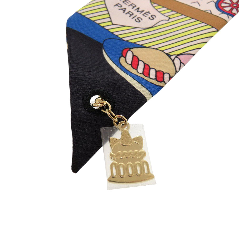 HERMES scarf 853336S silk black Twilly Charm Patisserie Française