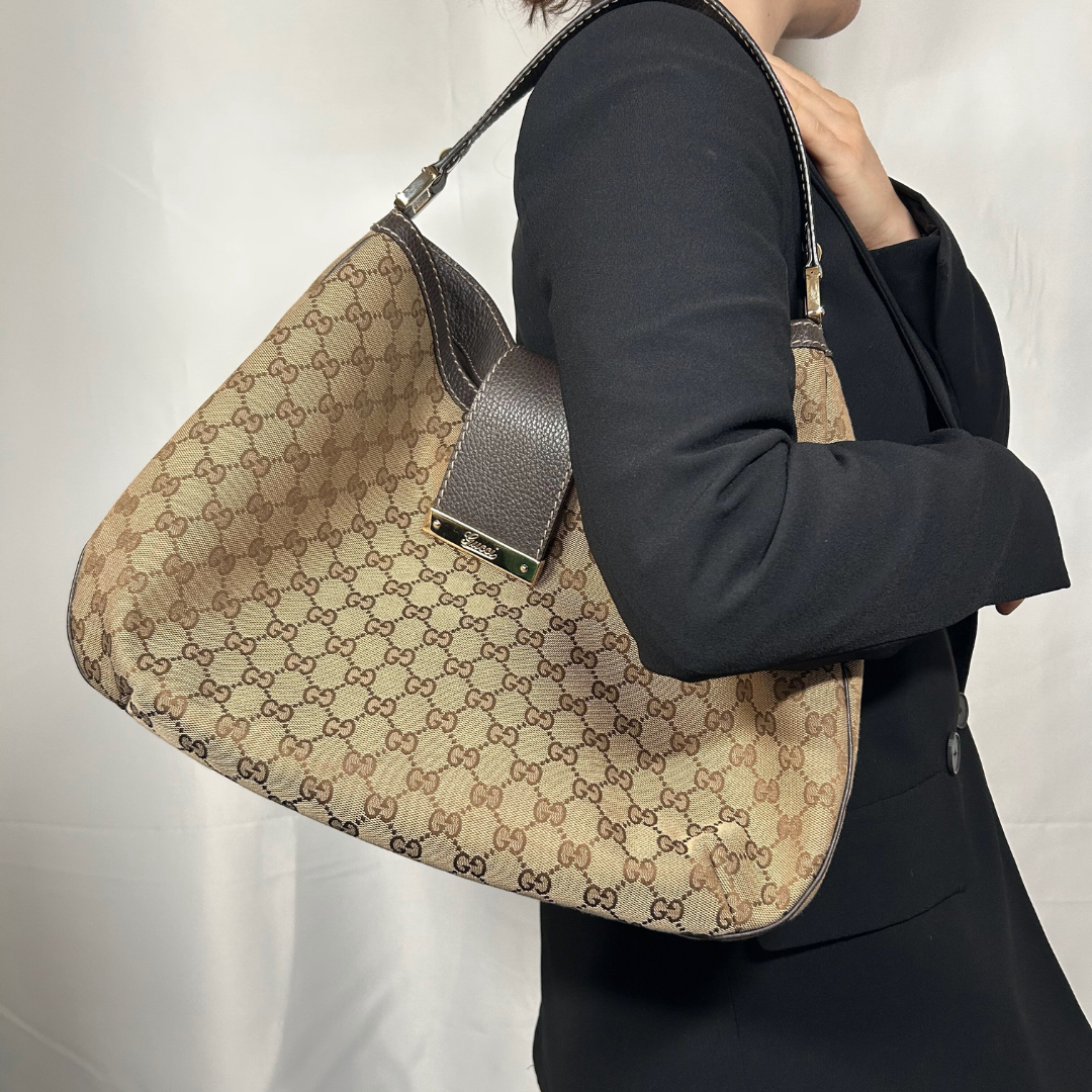 Gucci GG Canvas Hobo Large With Brown Leather Trims