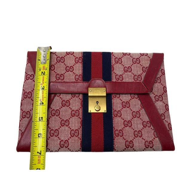 Gucci Guccissima Print Canvas & Red Leather Clutch/Portfolio With Center Blue/Red Stripe