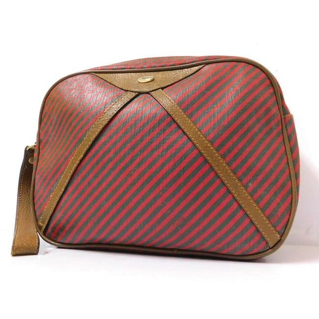 Gucci, red & green striped logo print coated canvas and brown leather clutch purse